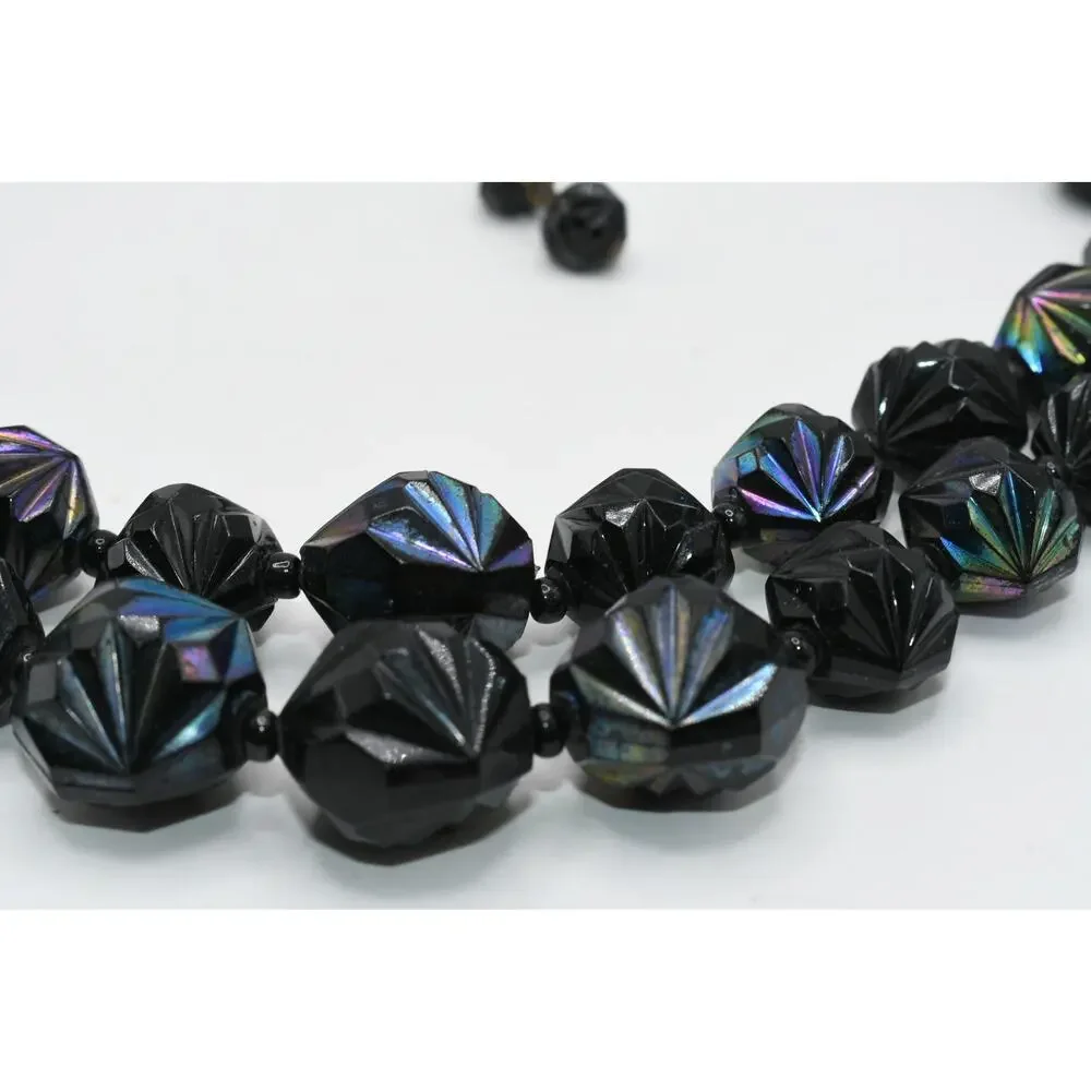 Vintage West Germany Black Iridescent Lucite Bead Necklace Double Strand